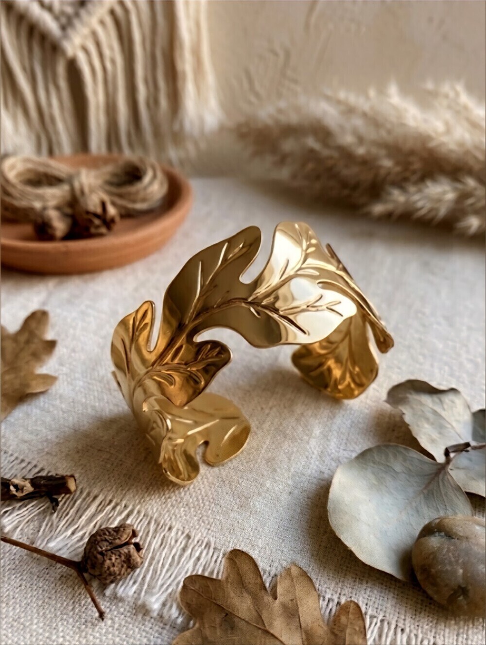 18K Gold Plated Stainless Steel Leaf Cuff Bracelet Adjustable Open Boho Bangle